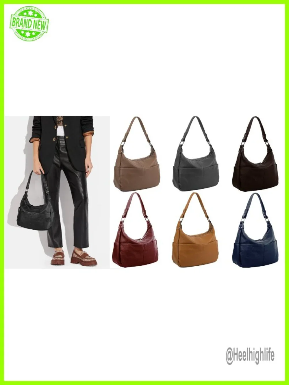 Genuine Leather Hobo Handbag with Double Zipper Pockets and Crossbody Strap